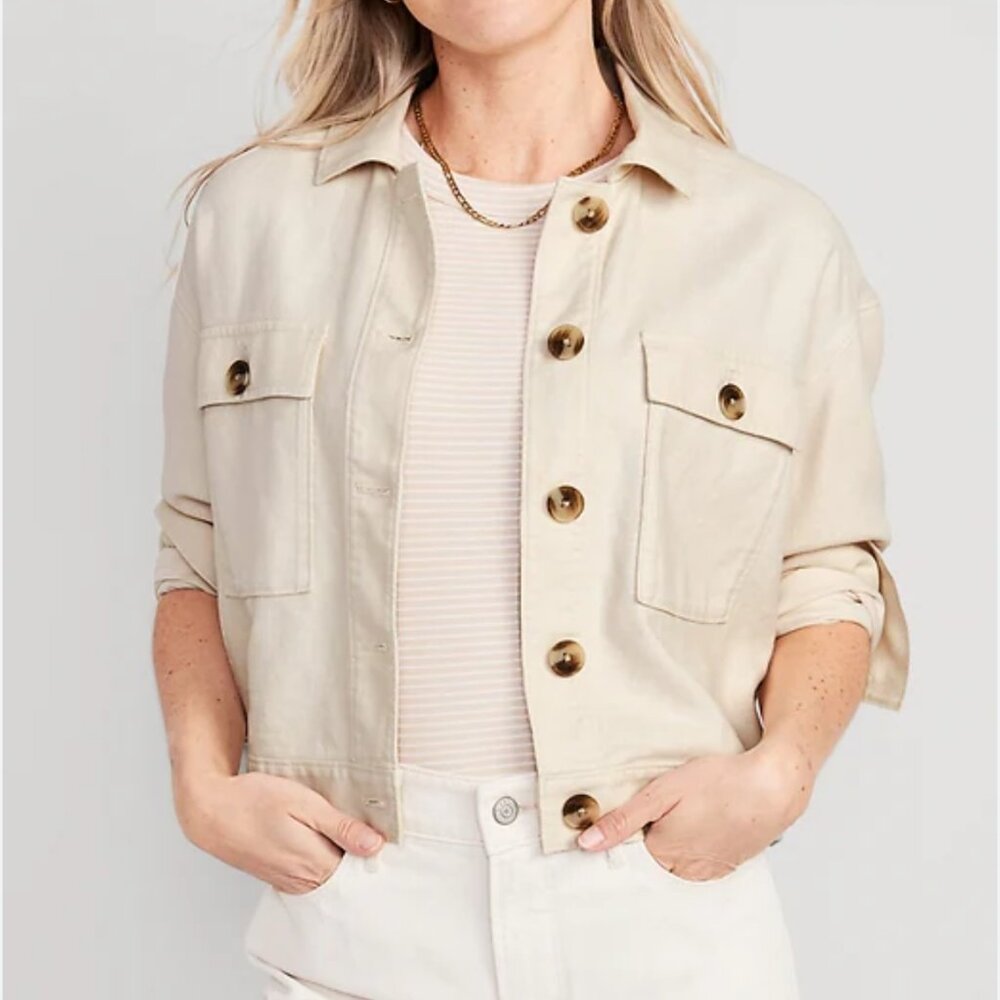 Old Navy Linen-Blend Cropped Utility Jacket SZ M